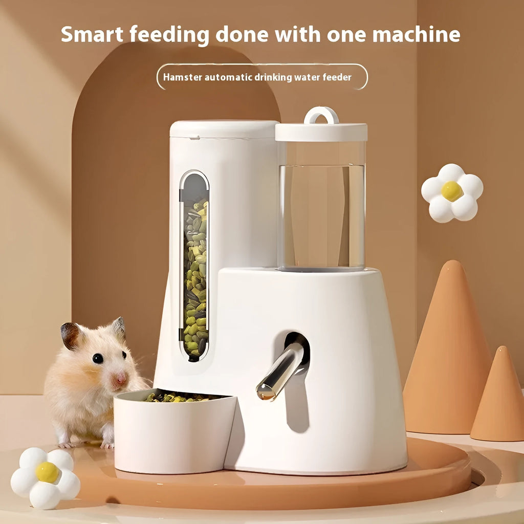 White hamster automatic drinking water feeder with combined food basin for cage mounting