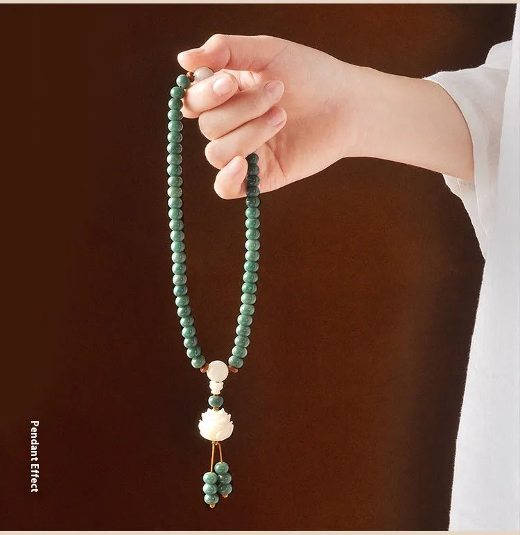 White Jade and green Sandalwood Bodhi seed bracelet with double ring safety buckle and Lotus design