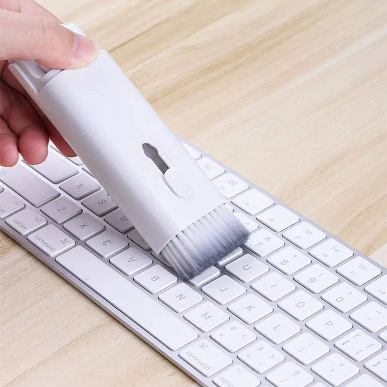 Multifunctional cleaning pen set with keycap puller, screen spray, and retractable brush in ABS, 60x130x15mm