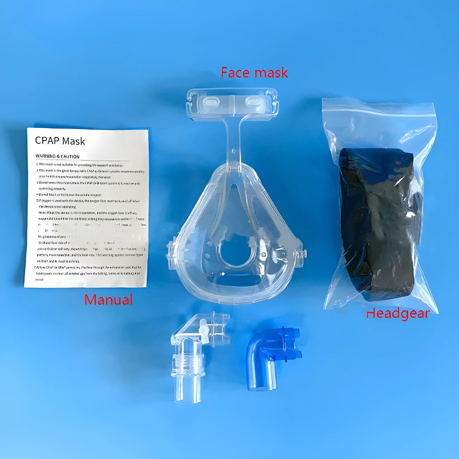 Transparent silicone CPAP breathing mask ventilator accessory with headband and elbow adapters