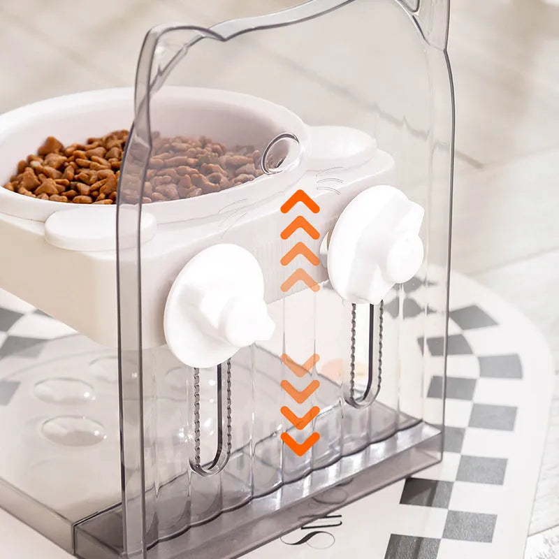 Cat feeding bowl with cat ear-shaped anti-spill neck protector and removable hanging cage