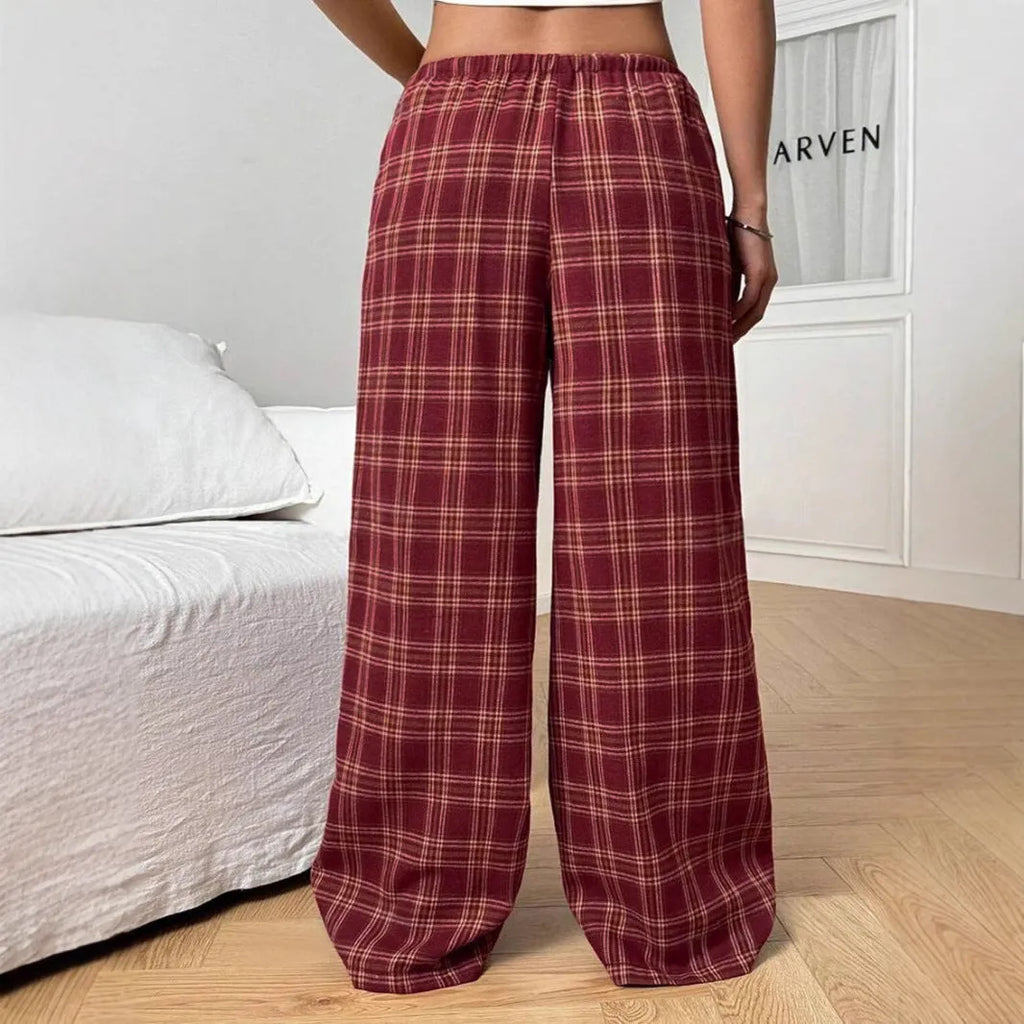 Women's casual plaid trousers with drawstring waist and patch pockets in blue and red colour options