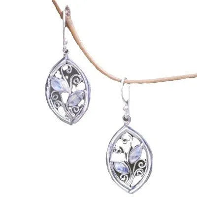 Silver moonstone earrings with embedded colourful leaves design women's jewellery