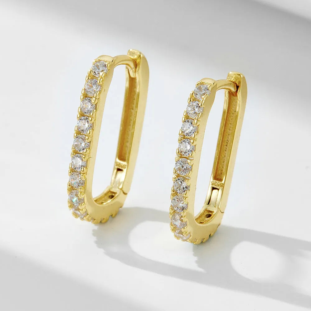 S925 sterling silver oval zircon earrings with geometric design and ear clip backings