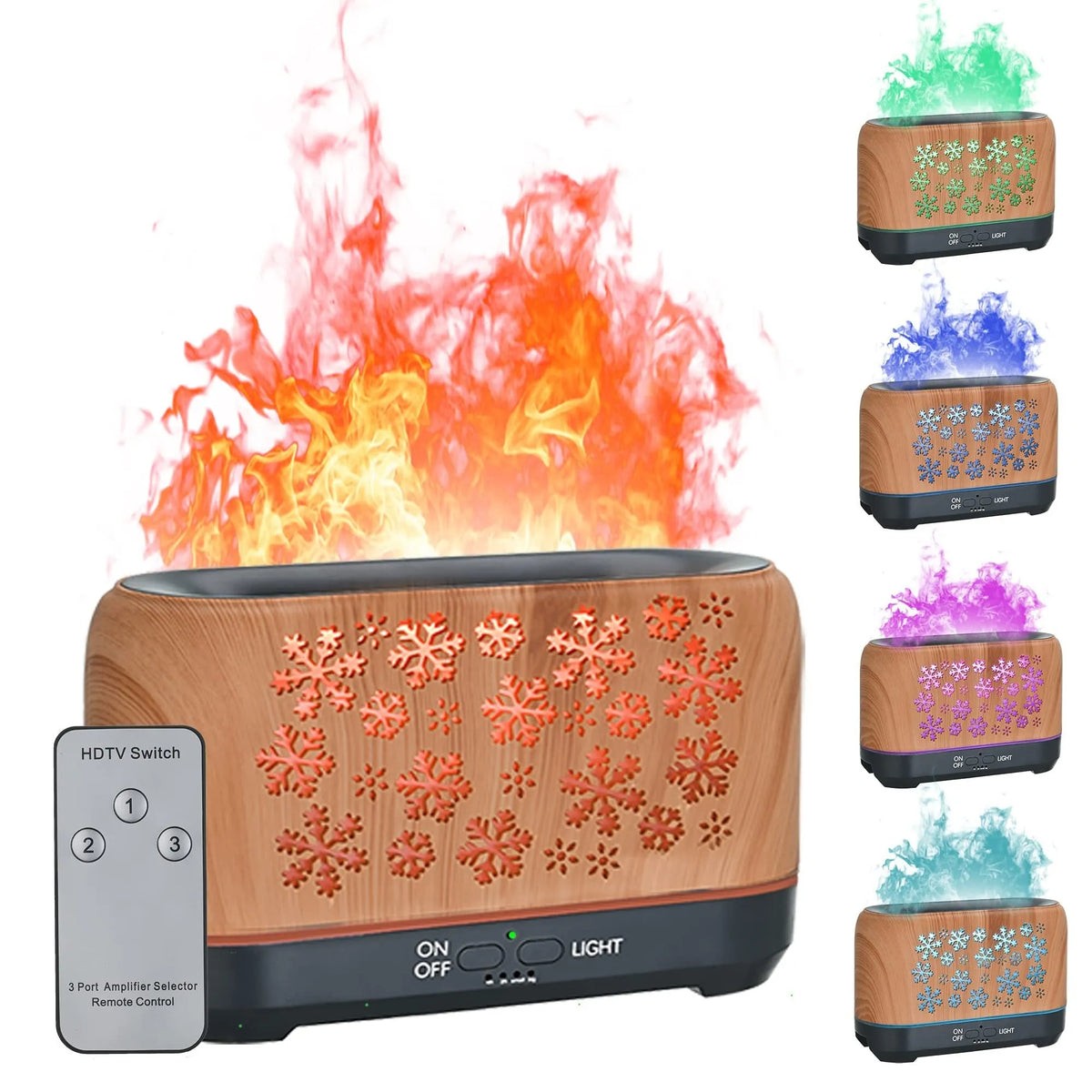 Wood grain snowflake pattern aromatherapy humidifier with colourful flame effect lighting on desktop