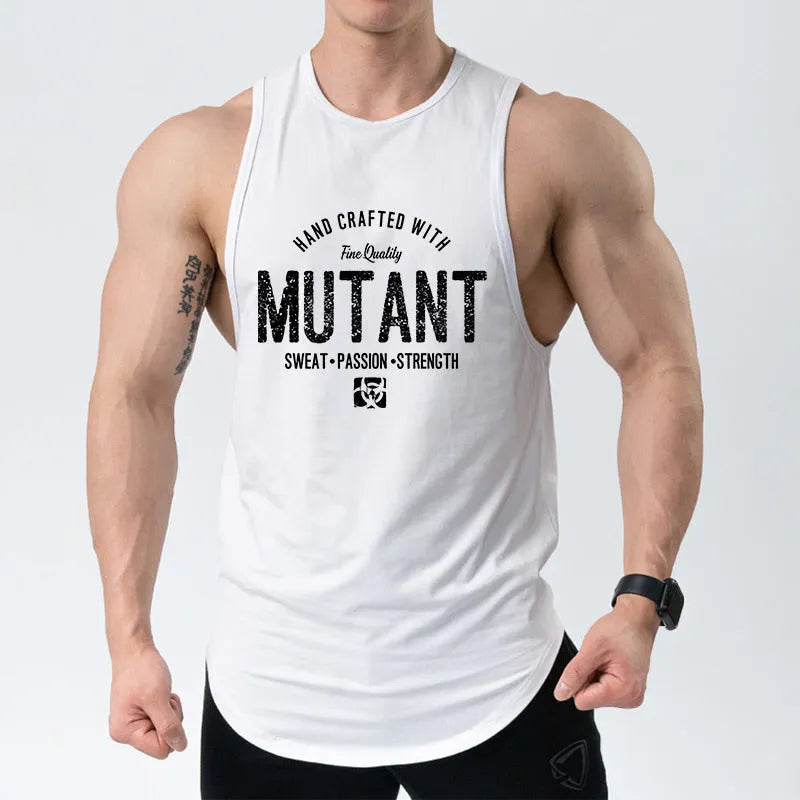 Loose fit men's polyester training waistcoat or sleeveless vest for fitness, shown in various colours and sizes.