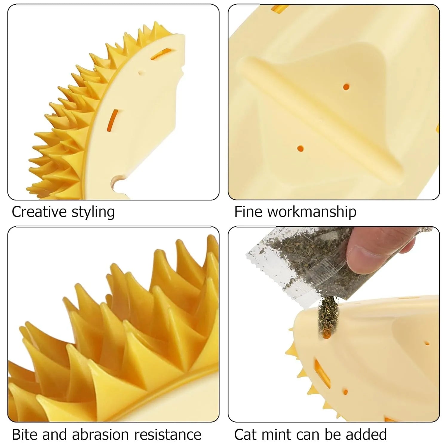 Yellow durian-shaped cat corner scratcher with massage comb and catnip powder