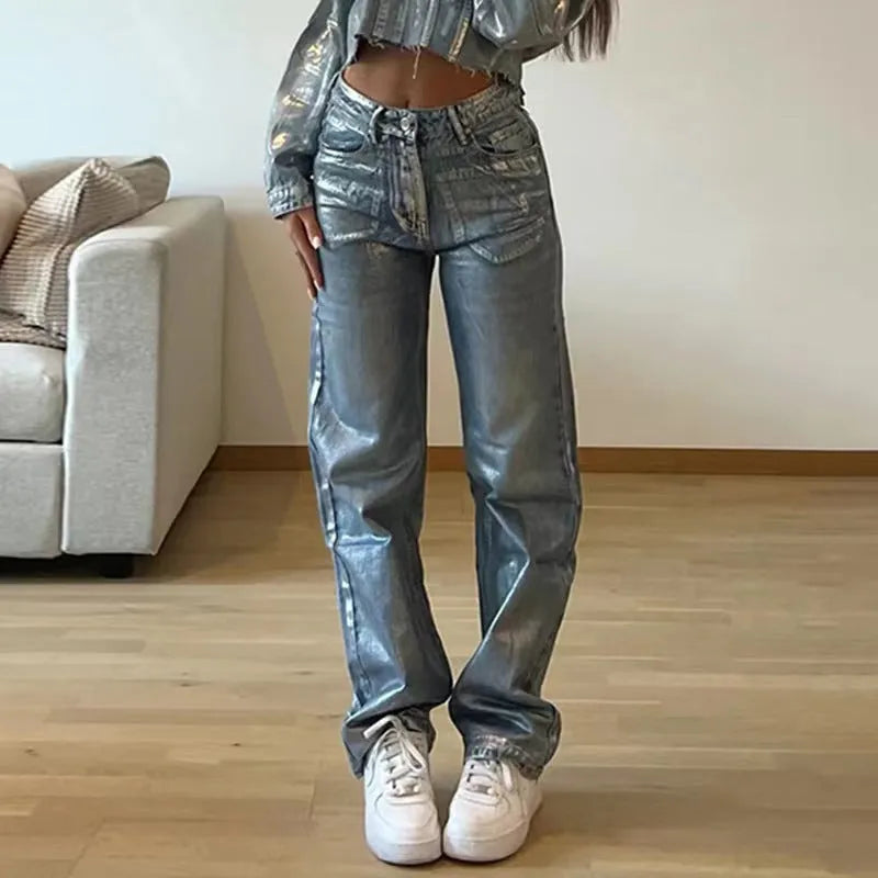Washed blue straight leg jeans with high waist and contrast colour details on mannequin