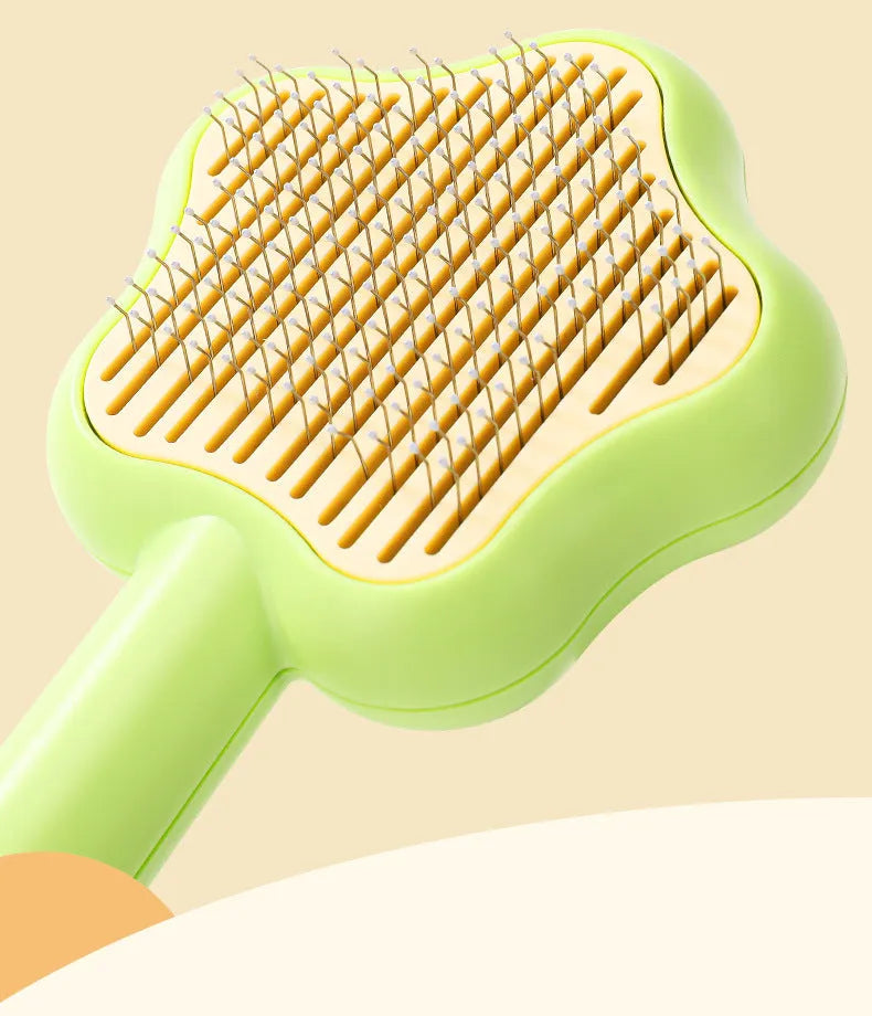 Self-cleaning cat grooming comb with stainless steel needle teeth in green colour option