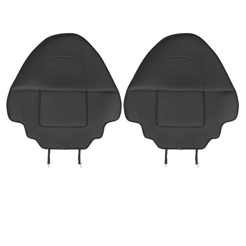 Two black leather motorcycle seat anti kick pads showing size and texture.