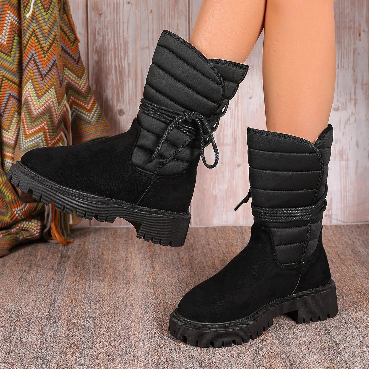 Women's black suede chunky heel snow boots with lace-up design and fleece lining