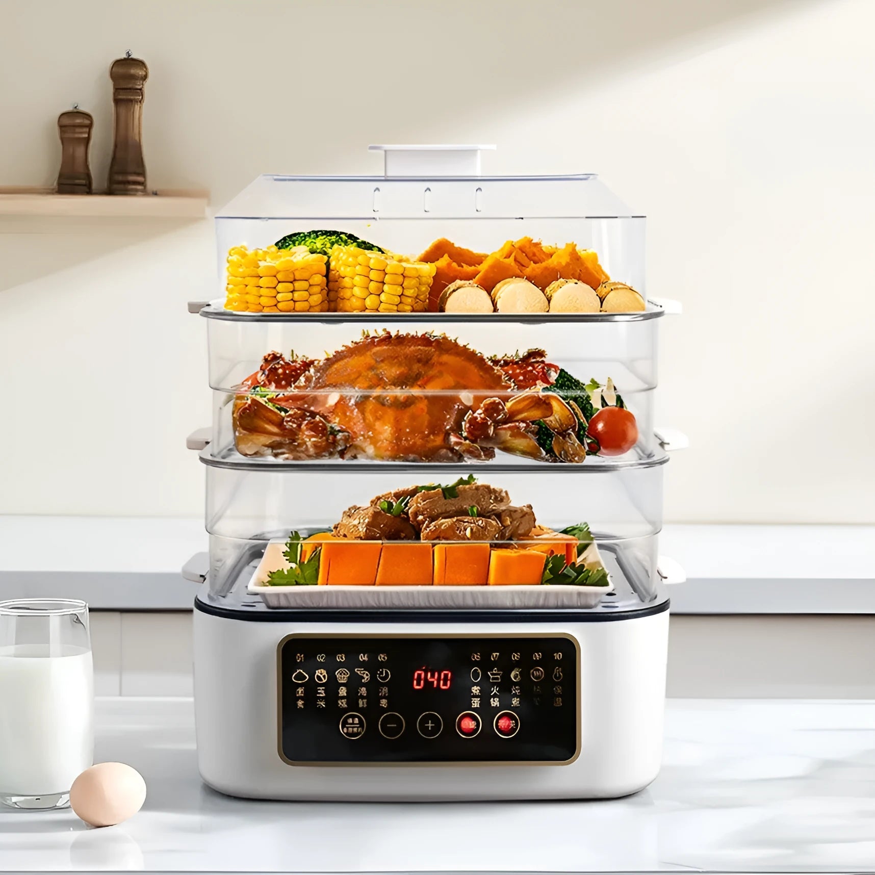 28 litre stainless steel electric steamer with automatic measuring function and PP liner