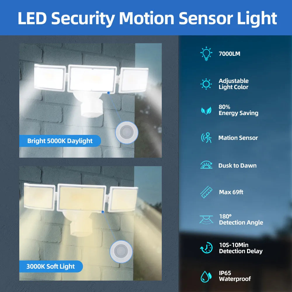 White LED security floodlight with motion sensor for outdoor wall mounting