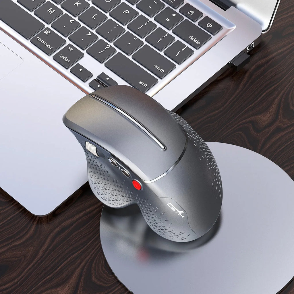 T32 black vertical wireless ergonomic mouse with aluminium side roller wheel on a desk
