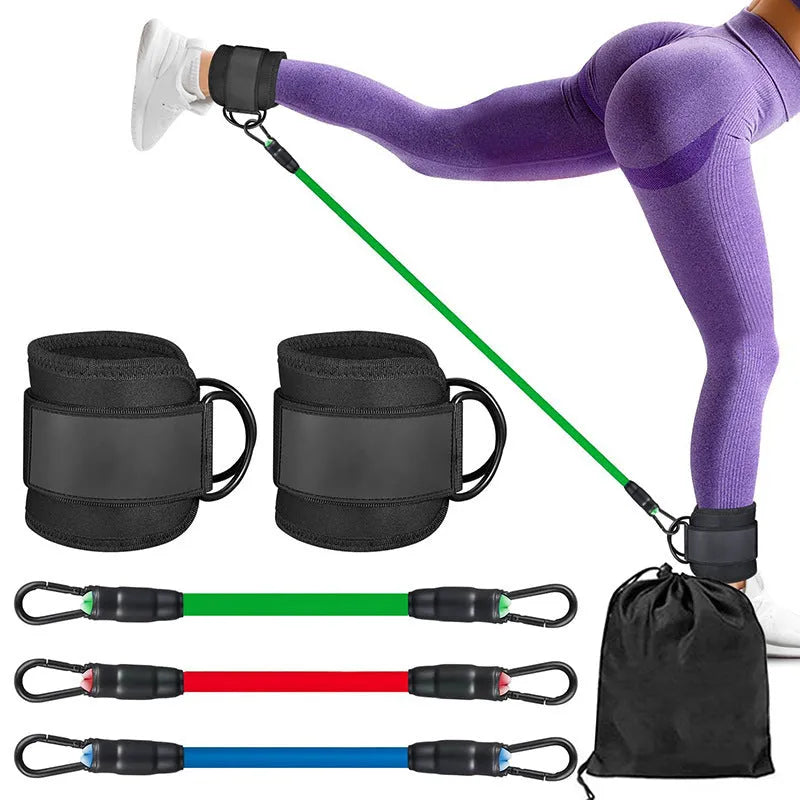 Set of three TPE resistance bands in 10, 20, 30 pound tensions with two black foot loops and a storage bag.