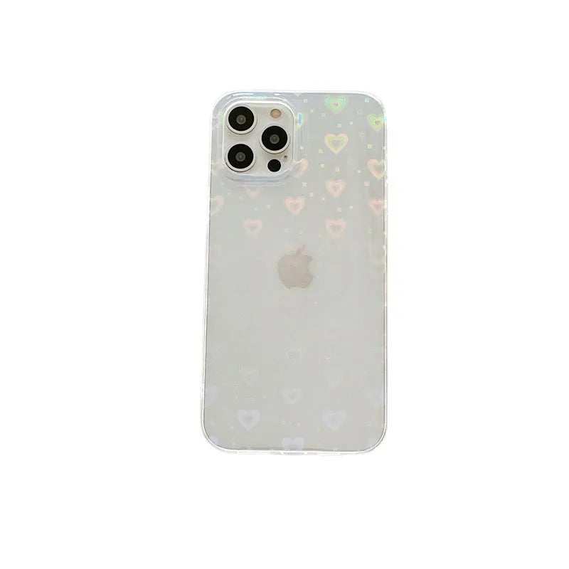 Translucent silicone iPhone case with a laser-etched love heart pattern on the back.