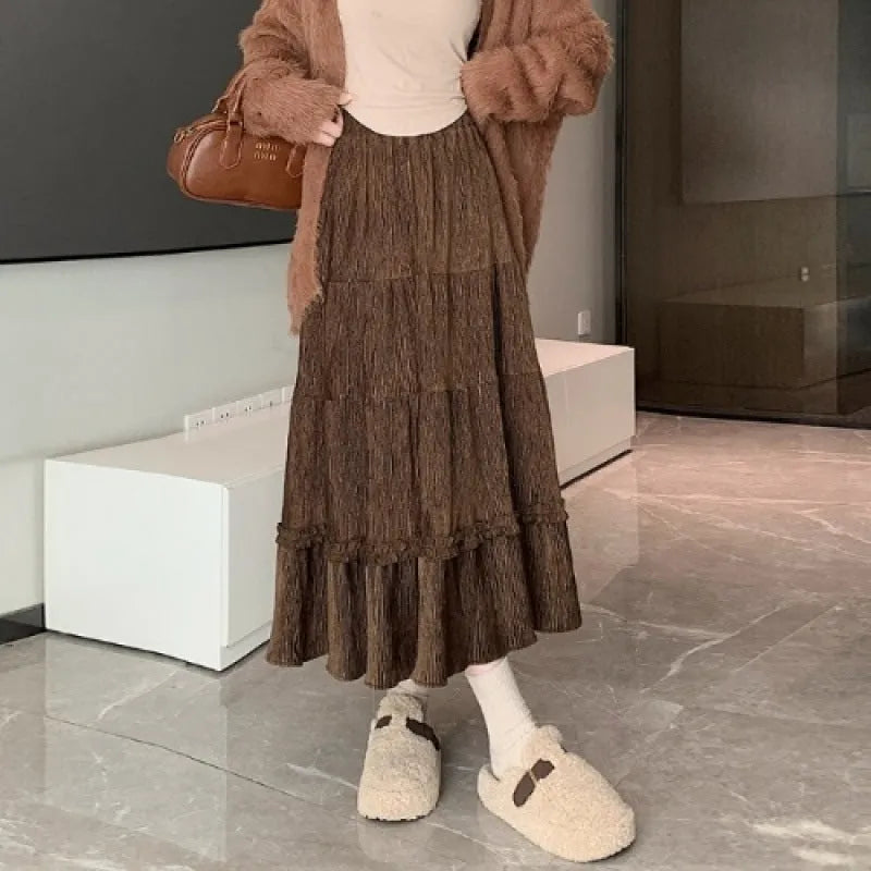 Korean style corduroy A-line midi skirt with elastic waistband in milky white colour