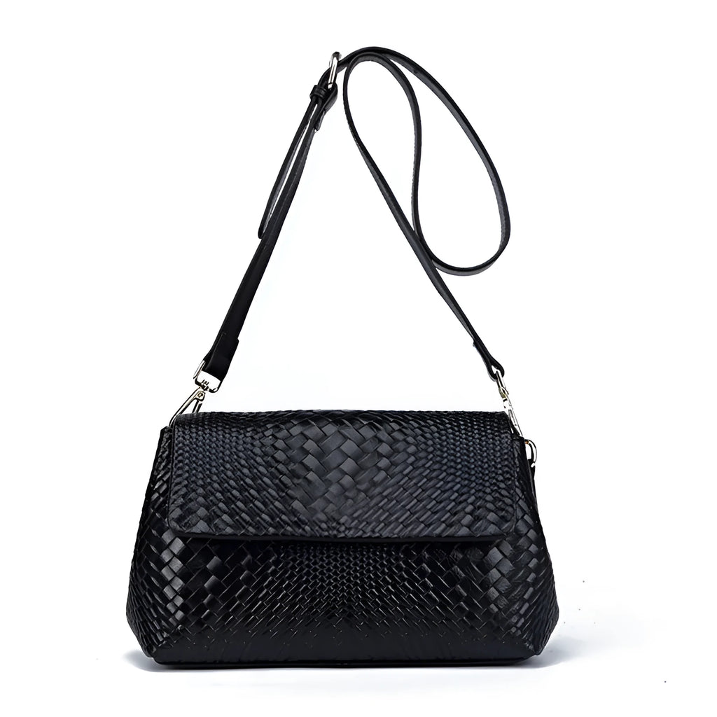 Black genuine leather woven crossbody bag with embossed finish, soft carry handle, and single shoulder strap.