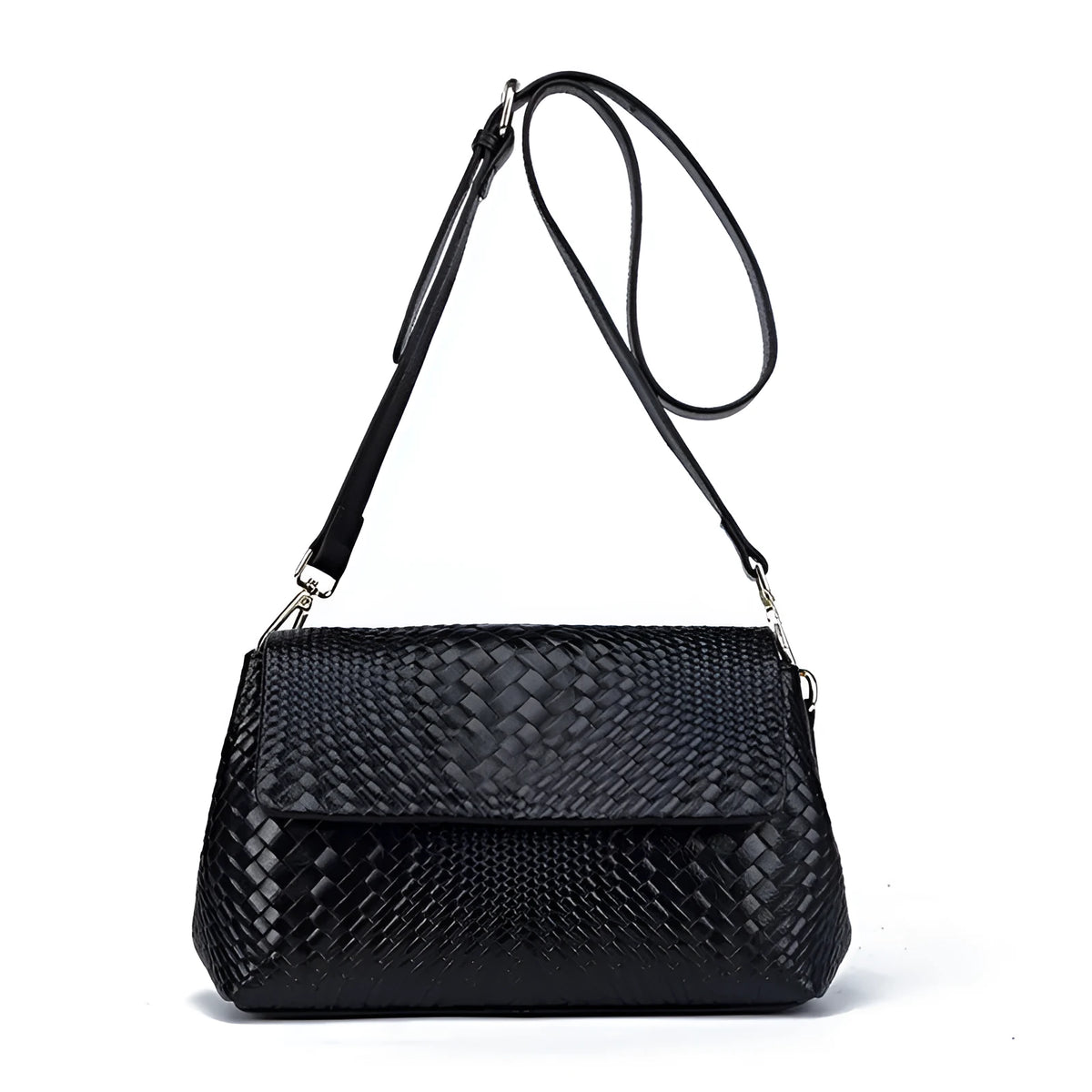 Black genuine leather woven crossbody bag with embossed finish, soft carry handle, and single shoulder strap.