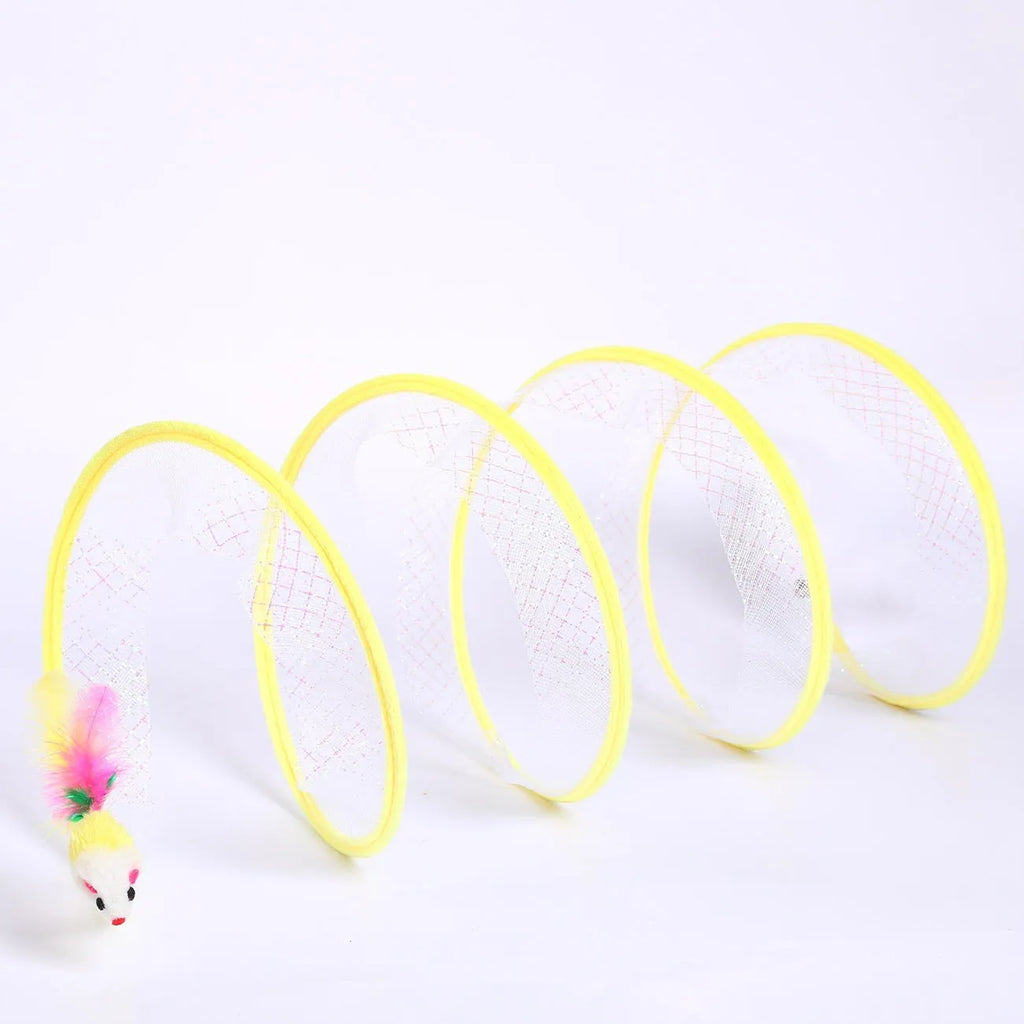 S-Type cat tunnel toy with flexible steel wire frame, elastic net mesh, and feather lure