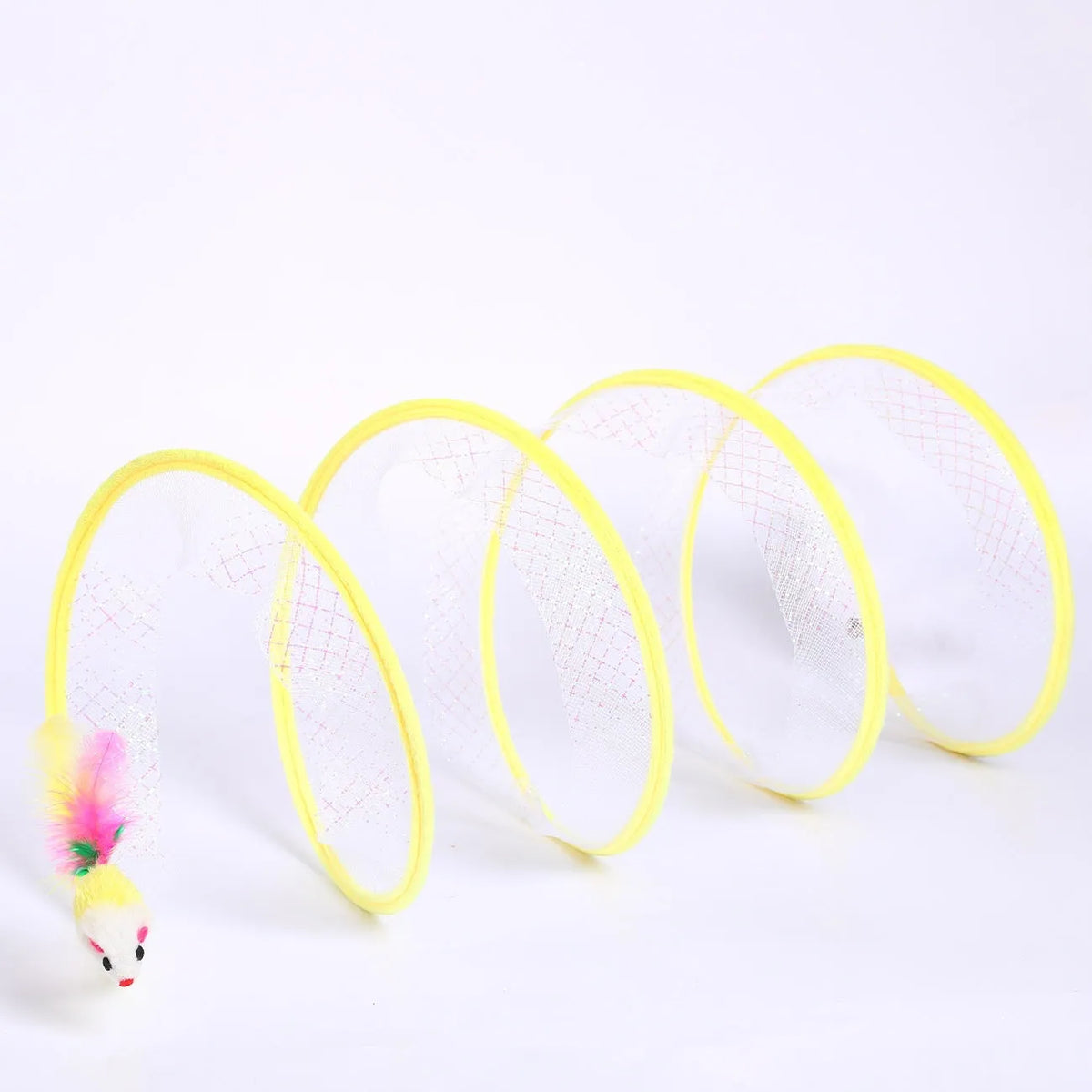 S-Type cat tunnel toy with flexible steel wire frame, elastic net mesh, and feather lure