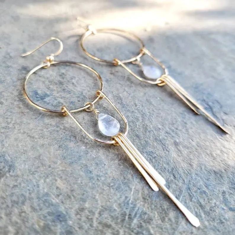 Gold alloy drop earrings with round ring, water drop gem pendant and tassel in Bohemian ethnic style