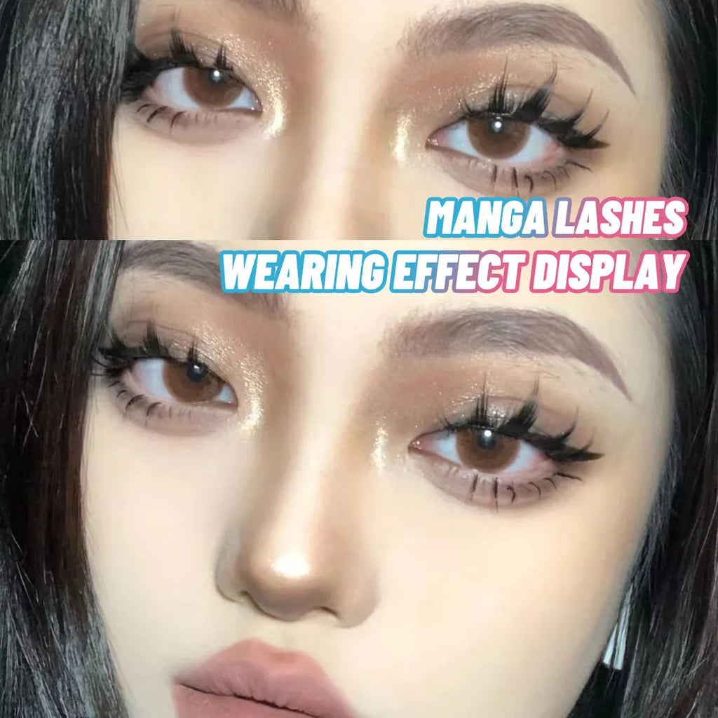 Set of manga-style false eyelashes in three wispy styles 007, 008, and 009 with black plastic bands.