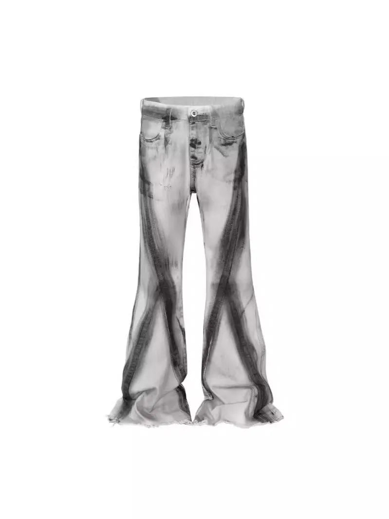 White retro jeans with black ribbon gradient detail and rough selvedge styling on mid-waist denim trousers