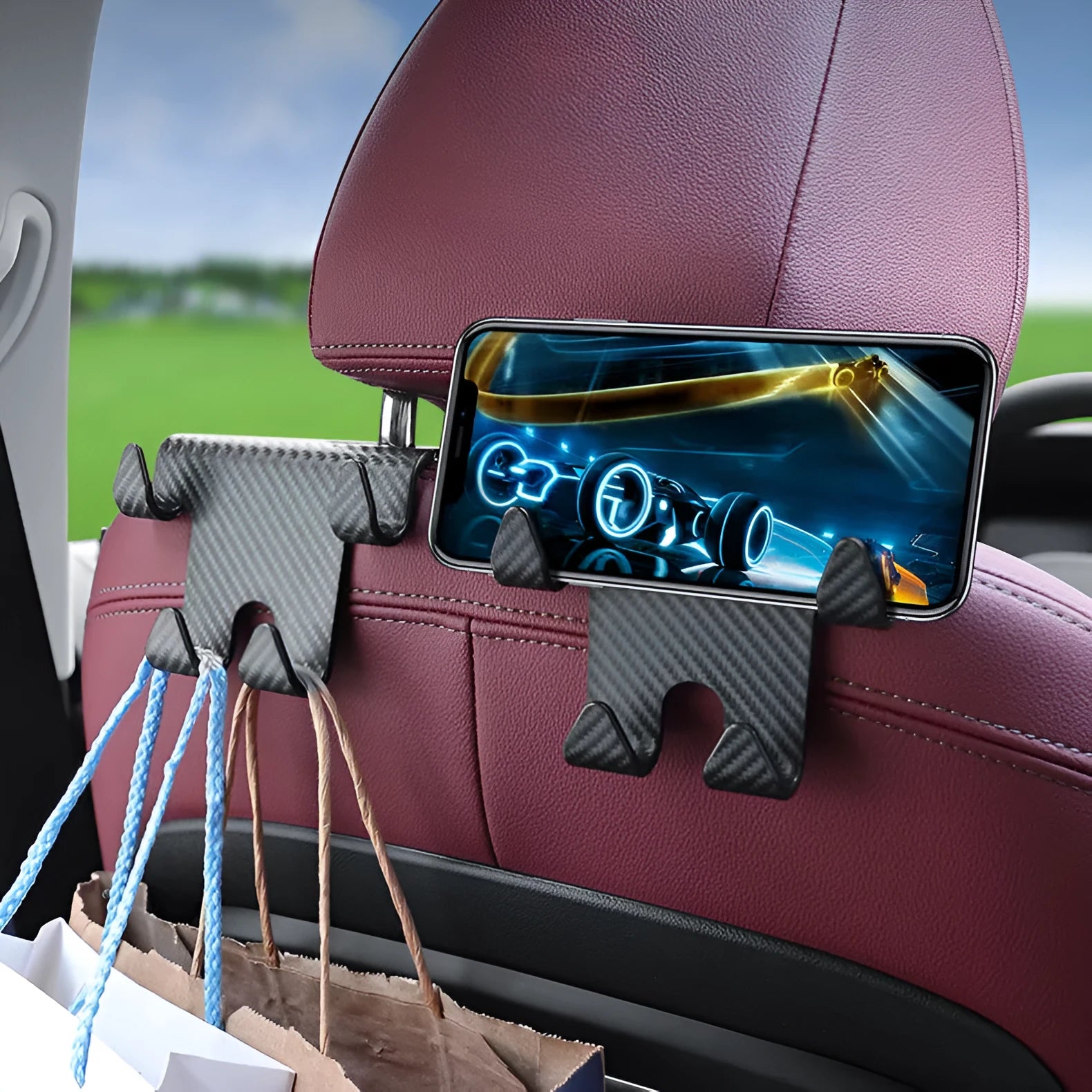 Energy Car black multifunction hook and mobile phone bracket for rear seat storage