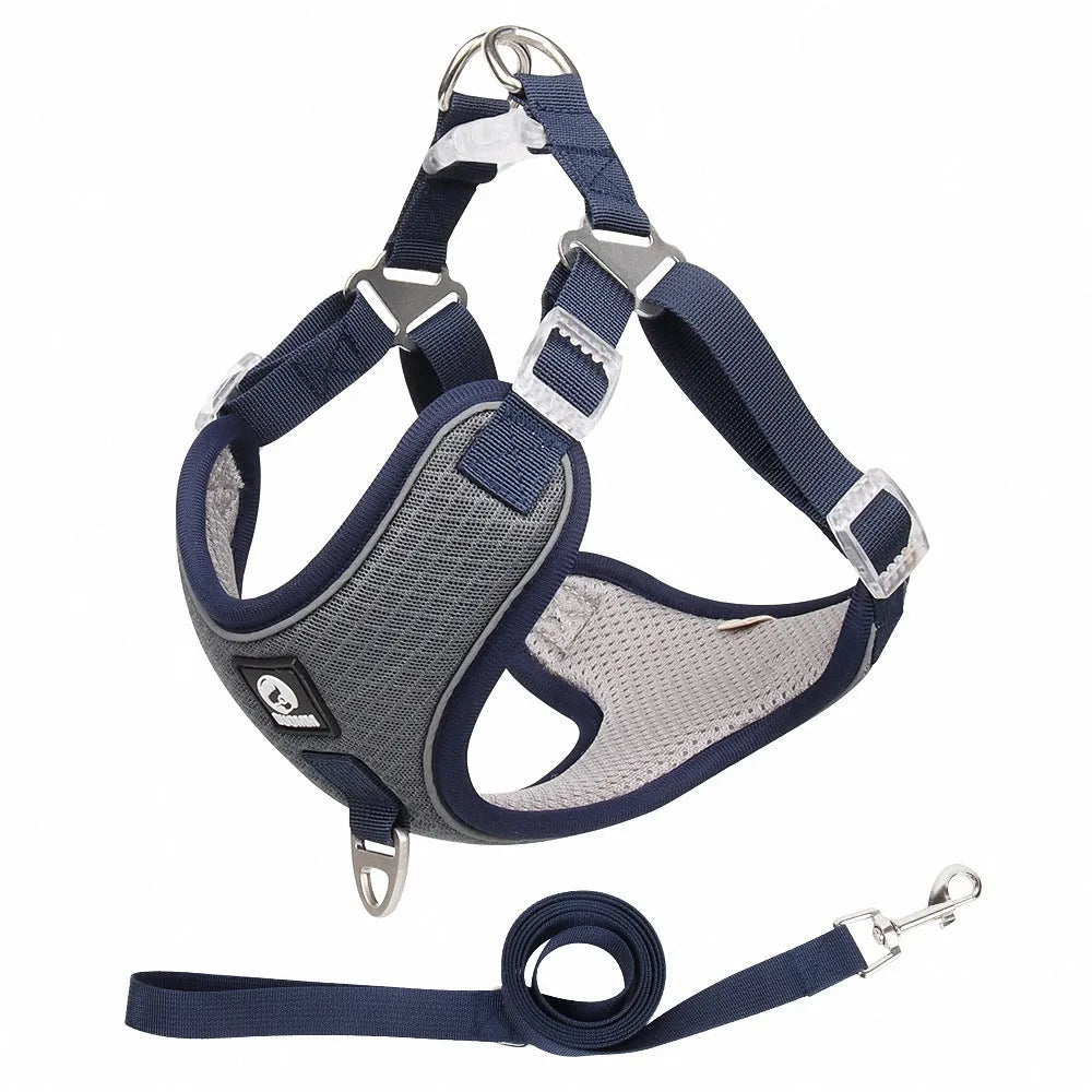 Adjustable mesh dog harness with reflective strips in black, red, grey, or light purple.