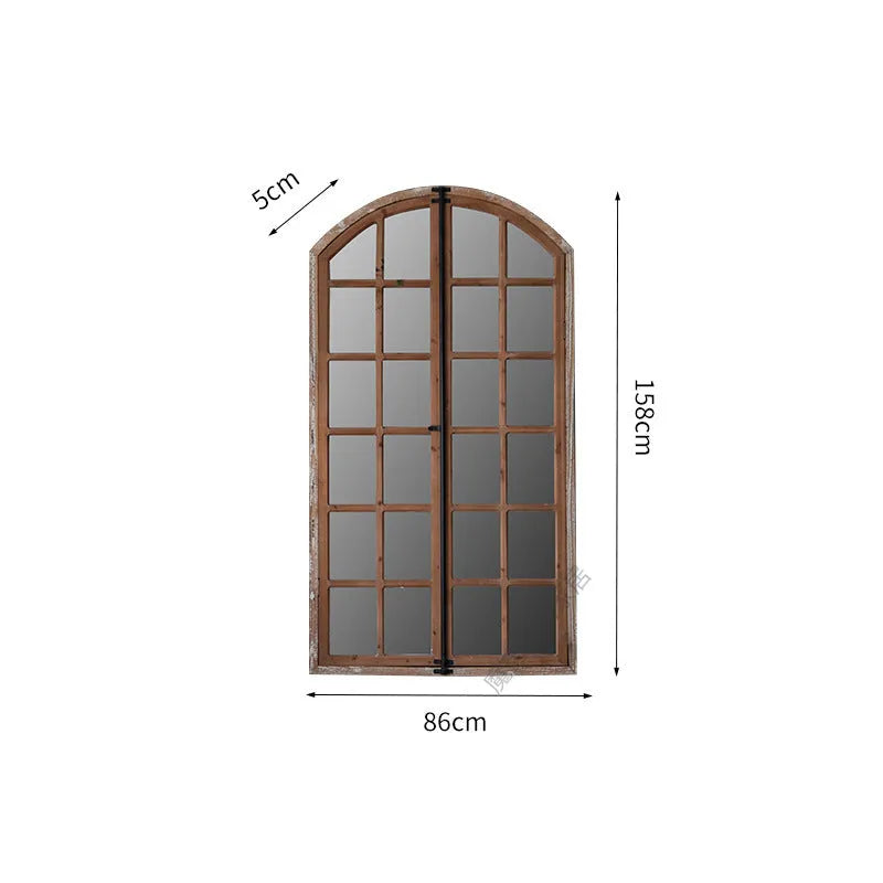 Terrace style distressed wooden frame fake window mirror in log colour with glass reflection