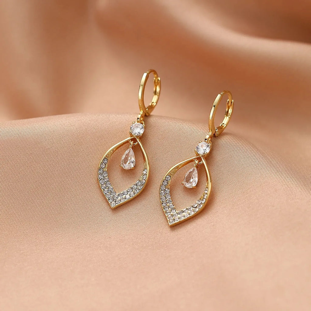 Women's copper zircon water drop tassel earrings with gold or silver thickened buckles