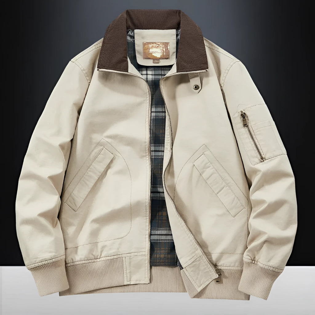 Plus size men's beige washed cotton baseball flight jacket on a hanger