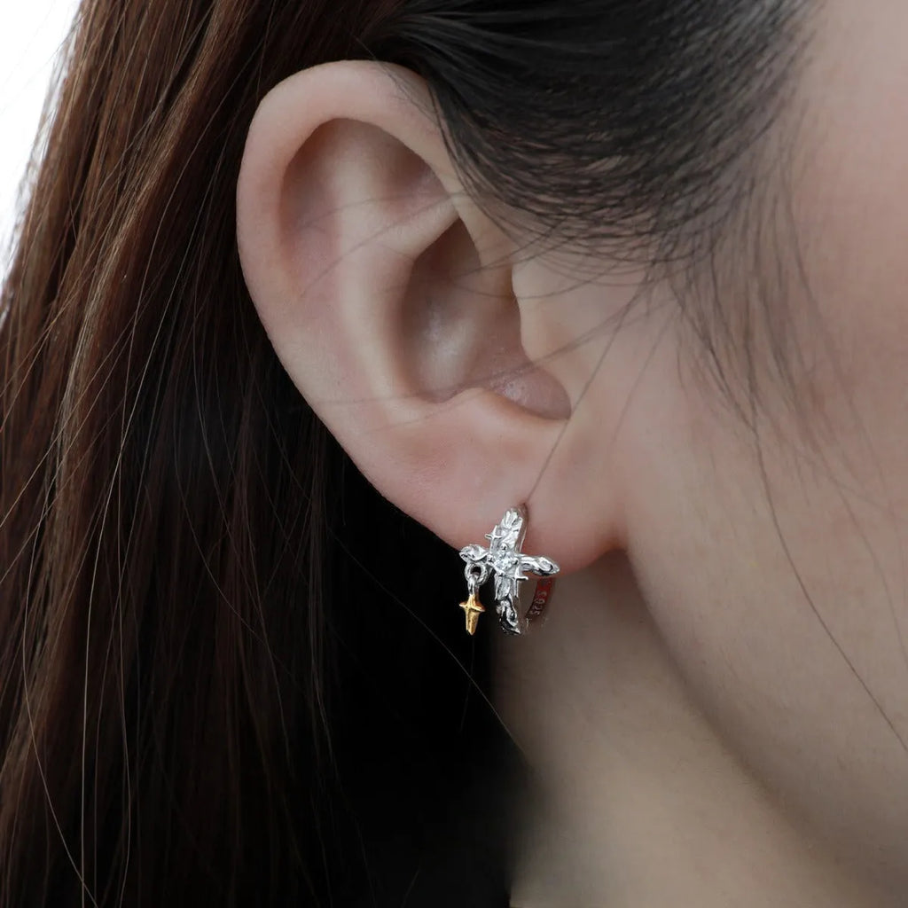 925 silver XINGX cross earrings with white gold colour finish and geometric design