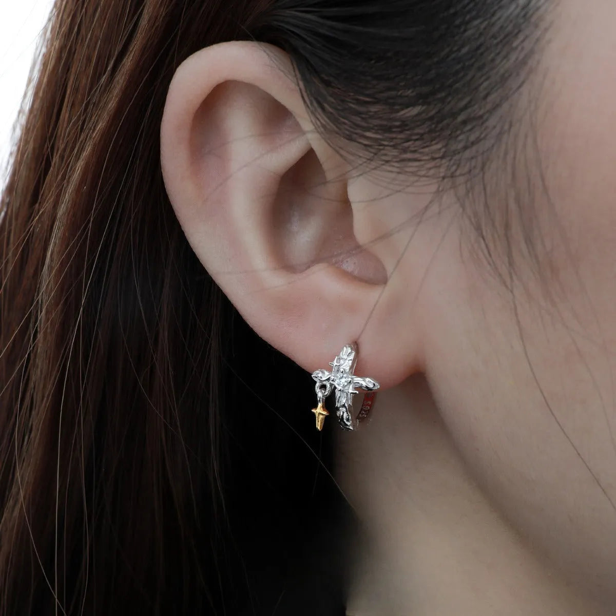 925 silver XINGX cross earrings with white gold colour finish and geometric design
