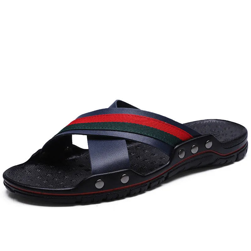 Men's white cowhide leather flip-flop sandals with a textured non-slip PU sole.