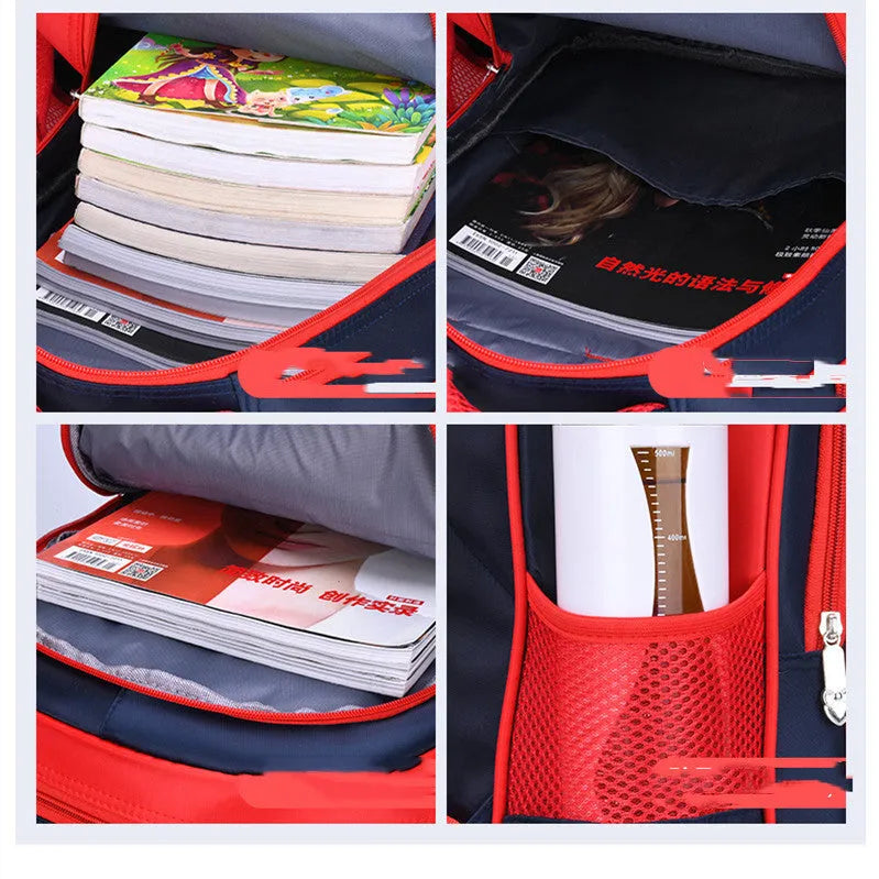 Children's blue cartoon backpack with school books showing internal zipper pocket organisation