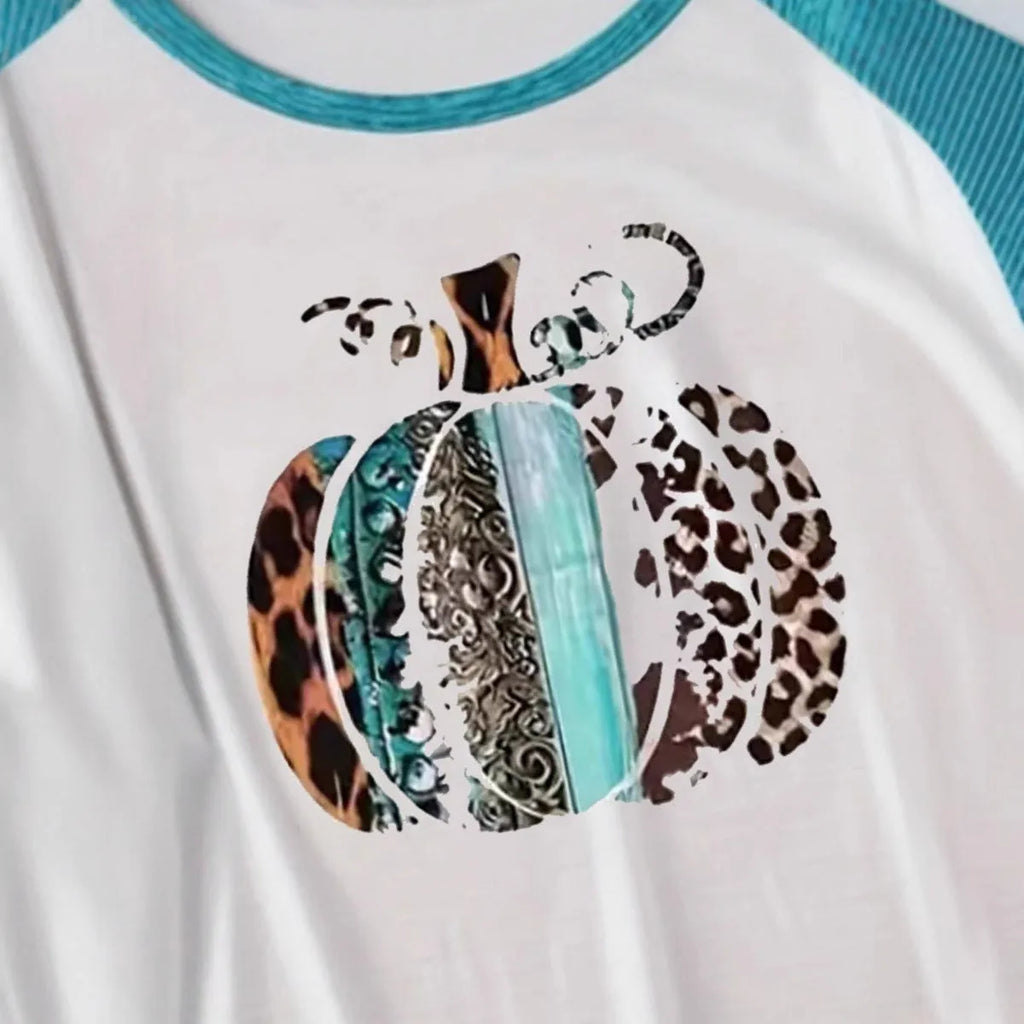 Sky blue long sleeve T-shirt with 3D digital printed pumpkin pattern in regular fit style