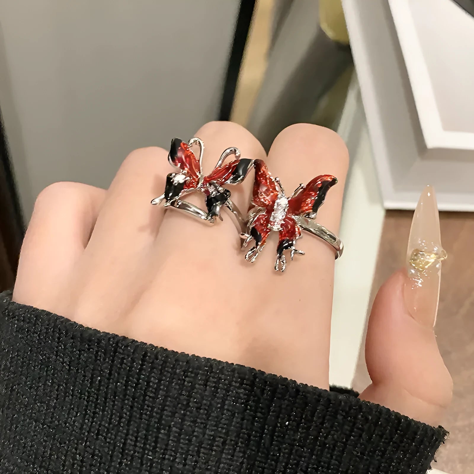 Copper women's butterfly ring with Chinese design in a simple style.