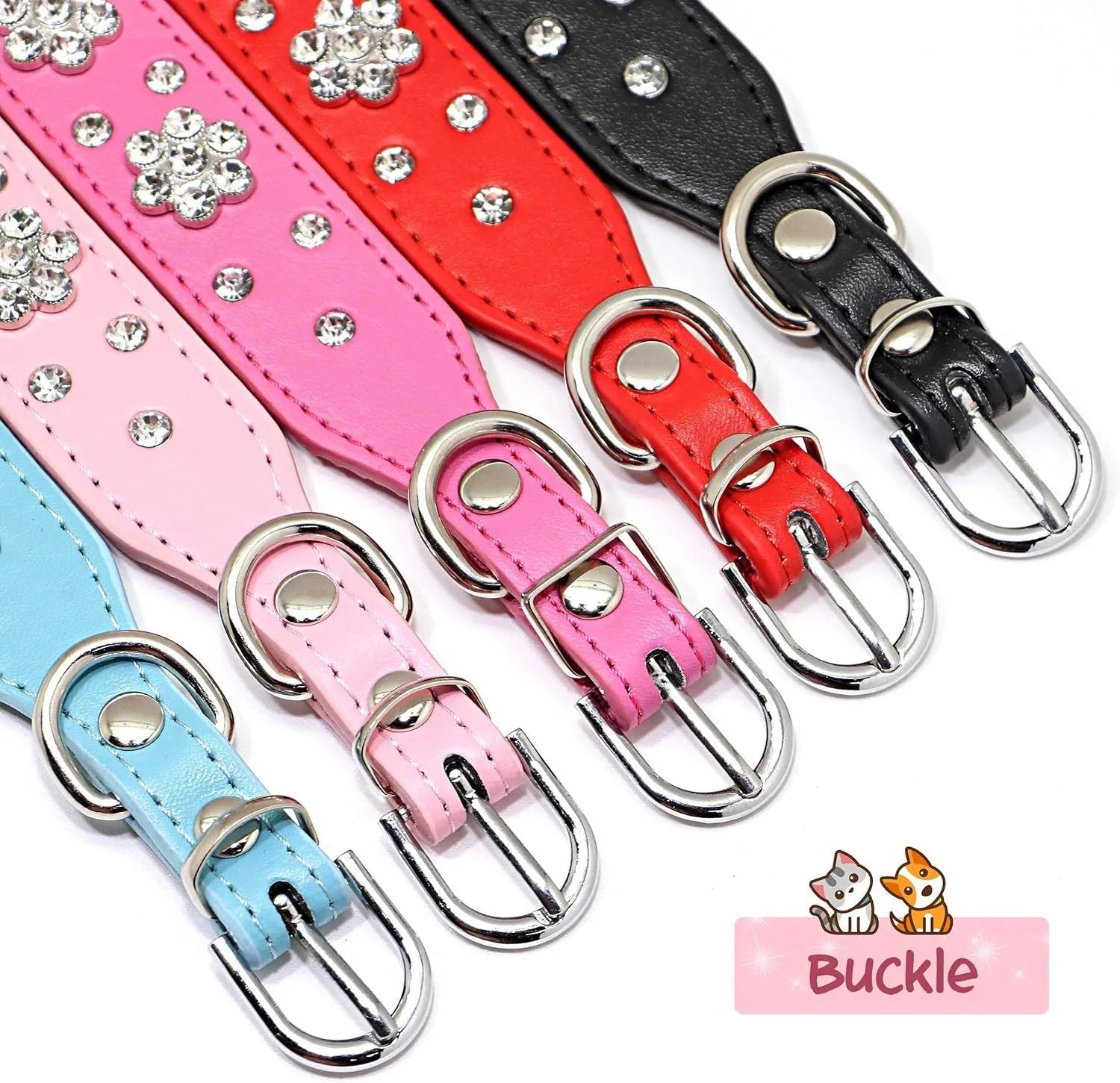 Soft black PU leather dog collar with a sparkling rhinestone flower pattern and silver metal studs, showing the adjustable eyelets and D-ring.