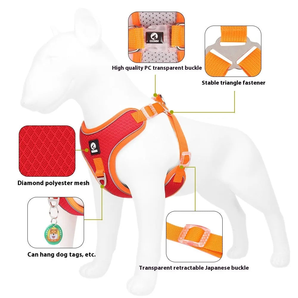 Adjustable mesh dog harness with reflective strips in black, red, grey, or light purple.