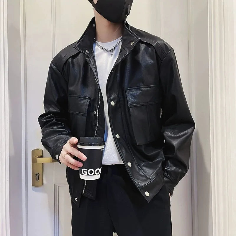 Men's black PU leather Korean-style pilot jacket with a regular fit and straight hem.