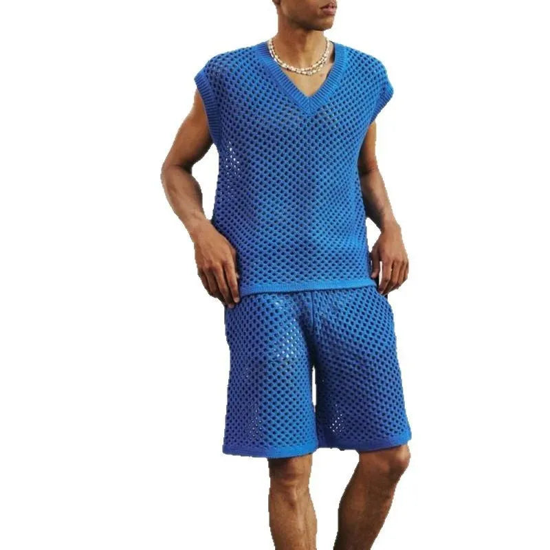 Men's sleeveless V-neck knitted vest and matching shorts sports suit in blue black white or khaki