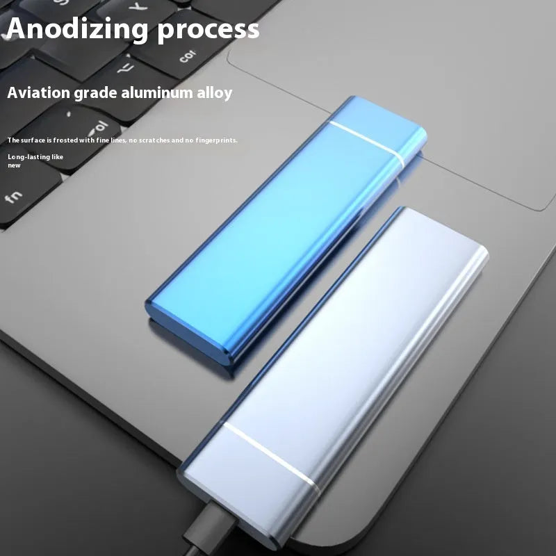 Sapphire blue portable solid state external hard disk with metal shell showing USB connection port
