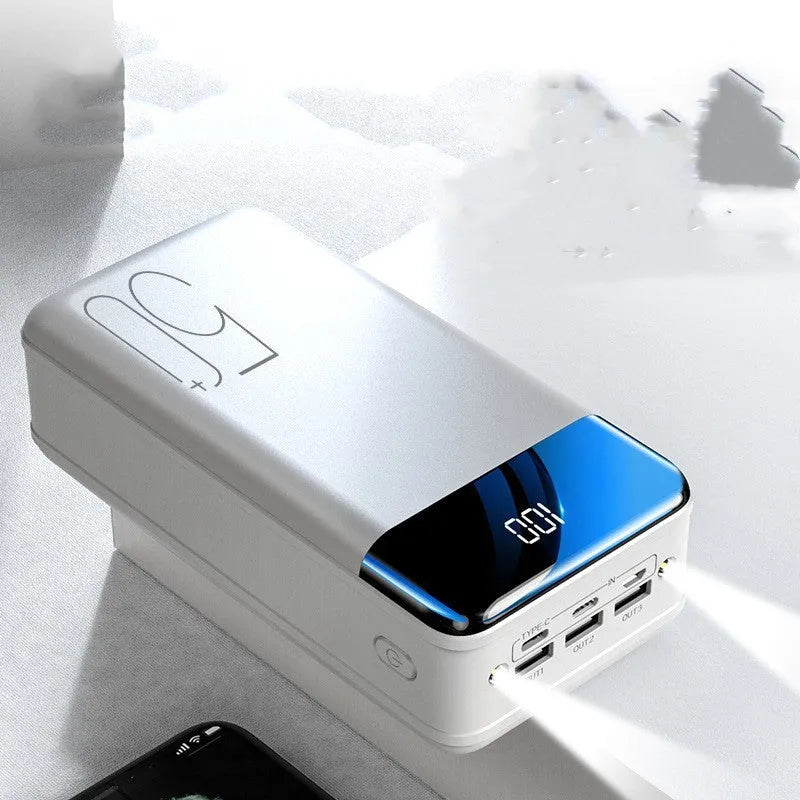 Large black or white 50000mAh power bank with multiple USB ports showing dimensions 169x83x52mm