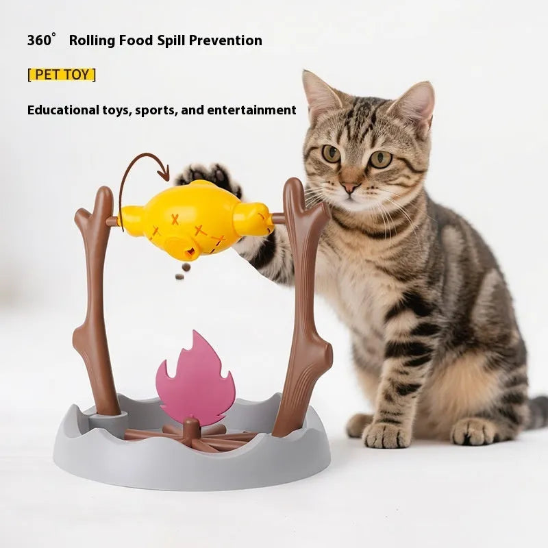 Barbecue-shaped plastic cat feeder toy measuring 30x30x29cm for dispensing freeze-dried treats