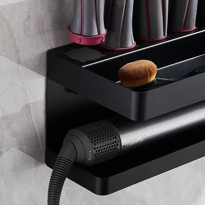 White two-layer aluminium bathroom storage rack holding Marcel wavers without drilling required