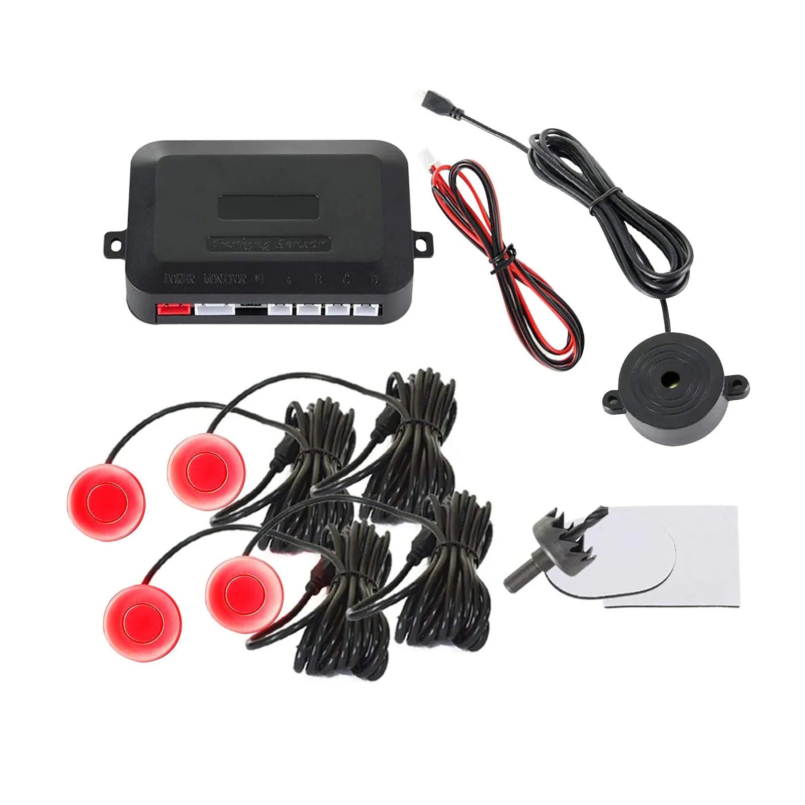Four-sensor car reversing radar parking system with buzzer alert indicator and installation tools