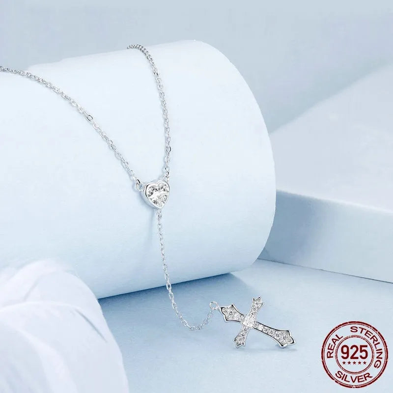 Women's 925 silver V-neck love cross necklace with O-ring chain in BSN384 colour