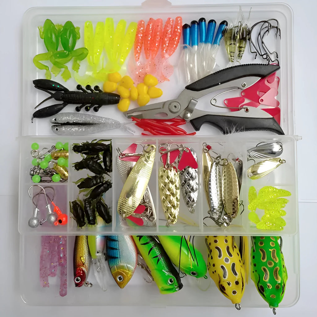 Fishing lure tackle kit with 142 pieces including metal and plastic lures, hard minnows and fishing pliers